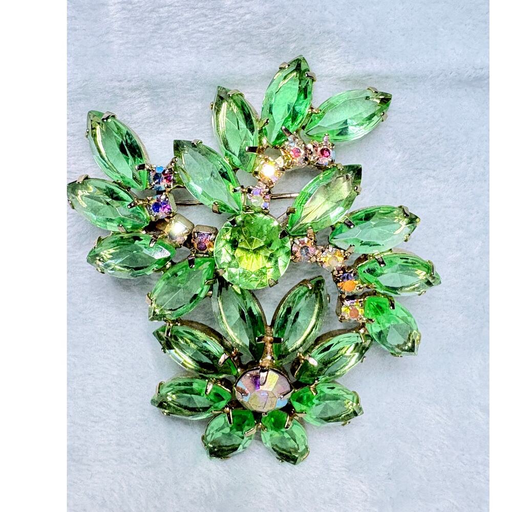 Vintage Green Rhinestone Floral Spray Brooch AB Accents Gold Tone 1950s